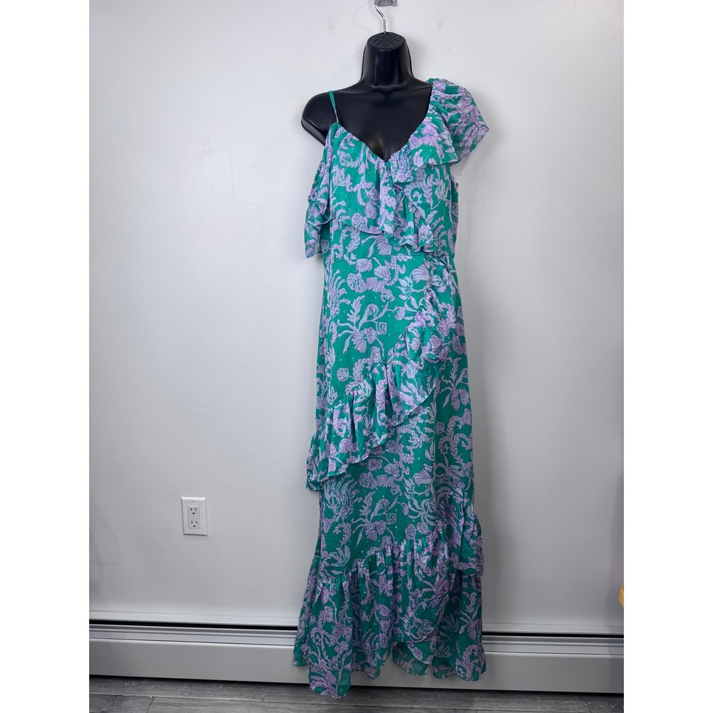 Lily Pulitzer Rosalyn Green Purple Floral One Shoulder Ruffle Maxi Dress‎ Size 8
